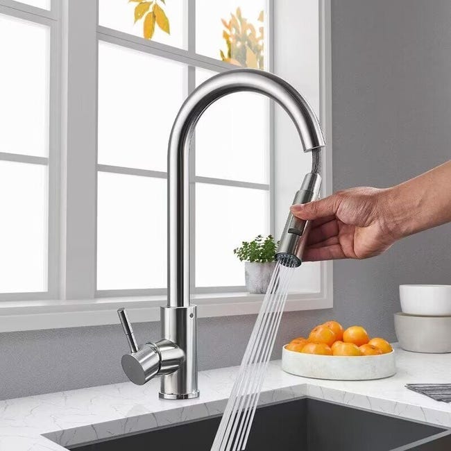 Robinet Mitigeur D'Évier Flexible Pivotant À 360°, En Acier Inoxydable, Avec Aérateur Amovible, Pulvérisateur Rétractable Haut, 2 Modes, Nickel Brossé