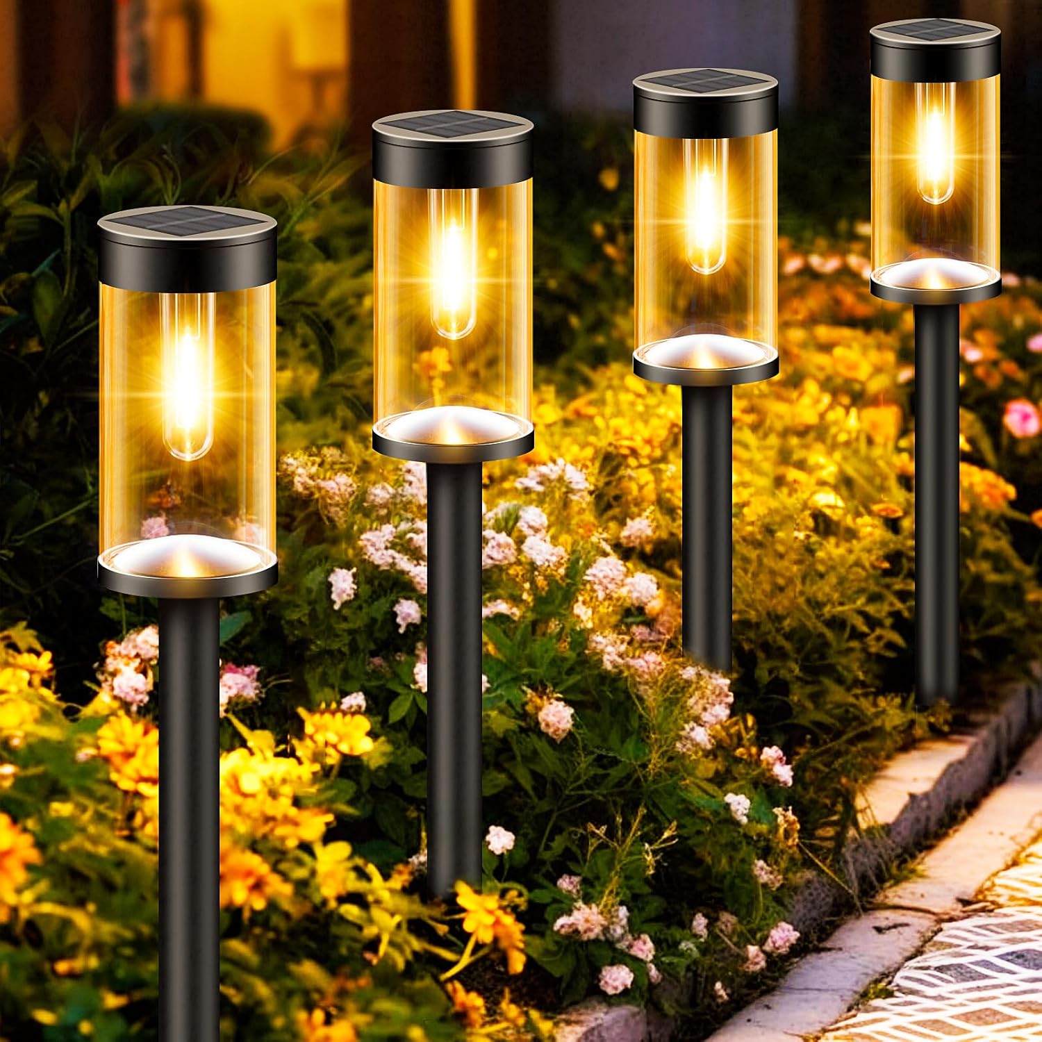 Lampe Solaire Exterieur Jardin, Lot De 4 Lumiere Solaire Exterieur Jardin Avec Blanc Chaud, Étanche Eclairage Extérieur Solaire Décoration Pour Chemins, Terrasse, Pelouse Patio Allée [classe Énergétiq
