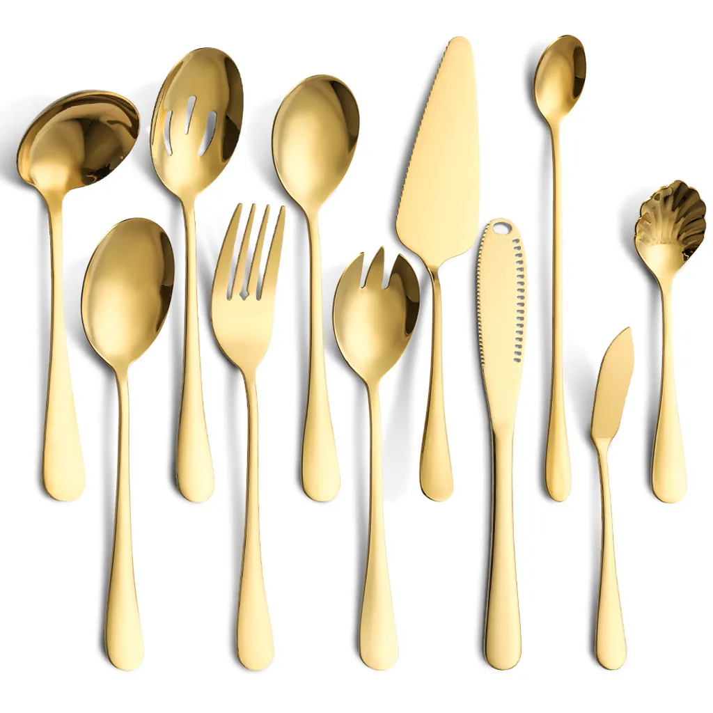 Gebrauchsgegenstände Edelstahl Besteckset, Tafelservice Löffel, Gabel, Sieb, Buttermesser (11-teilig, Gold)