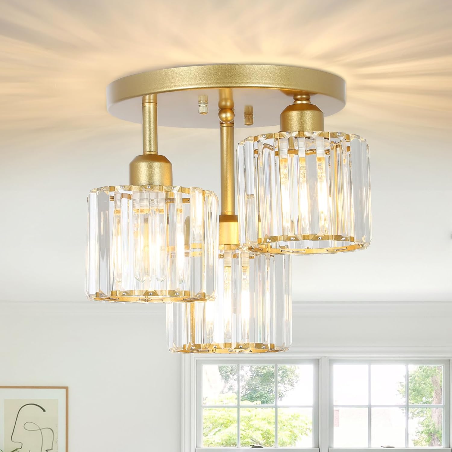 Lustre En Cristal, Plafonnier Triple Flamme Avec Abat-jour En Verre, Plafonnier Moderne [classe Énergétique D]