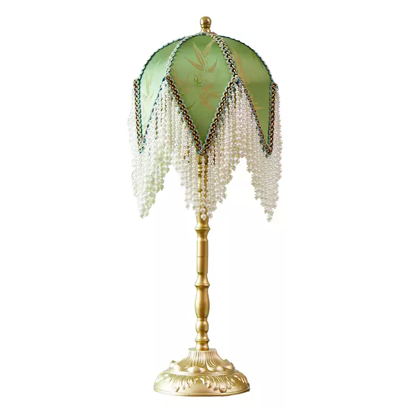 Lampe De Table Décorative À Base En Laiton Pur Ornée De Pompons, Lampe De Chevet - Interrupteur À Bouton, Gradation Tricolore, Perle De Jade