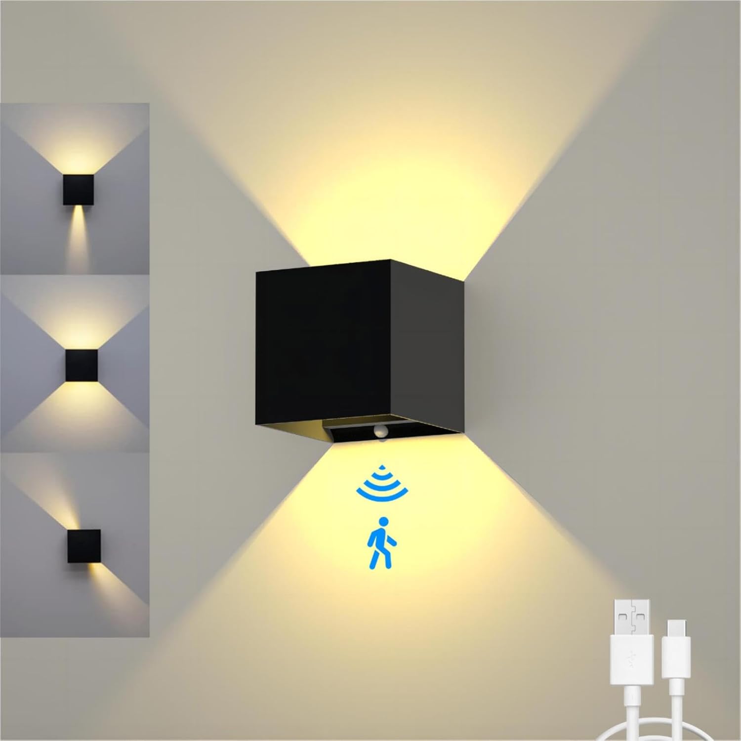 Motion Sensor Light Indoor Wall Sconces, 4200mah Battery Operated Wall Lights Rechargeable, Magnetic Cordless Led Energy Saving Night Light For Hallway Stairway Porch, Black