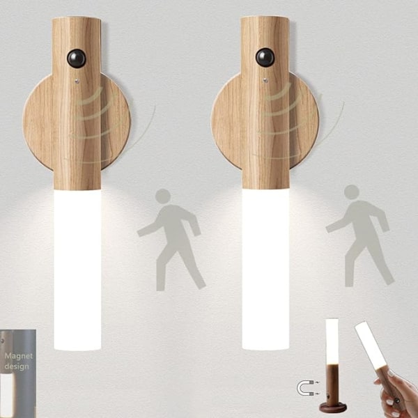 Lot De 2 Lampes D'Escalier Led À Détecteur De Mouvement, Alimentées Par Piles, Veilleuse D'Intérieur En Bois, Rechargeables Par Usb, Portables, Sans Fil, Magnétiques, Lampe Murale.