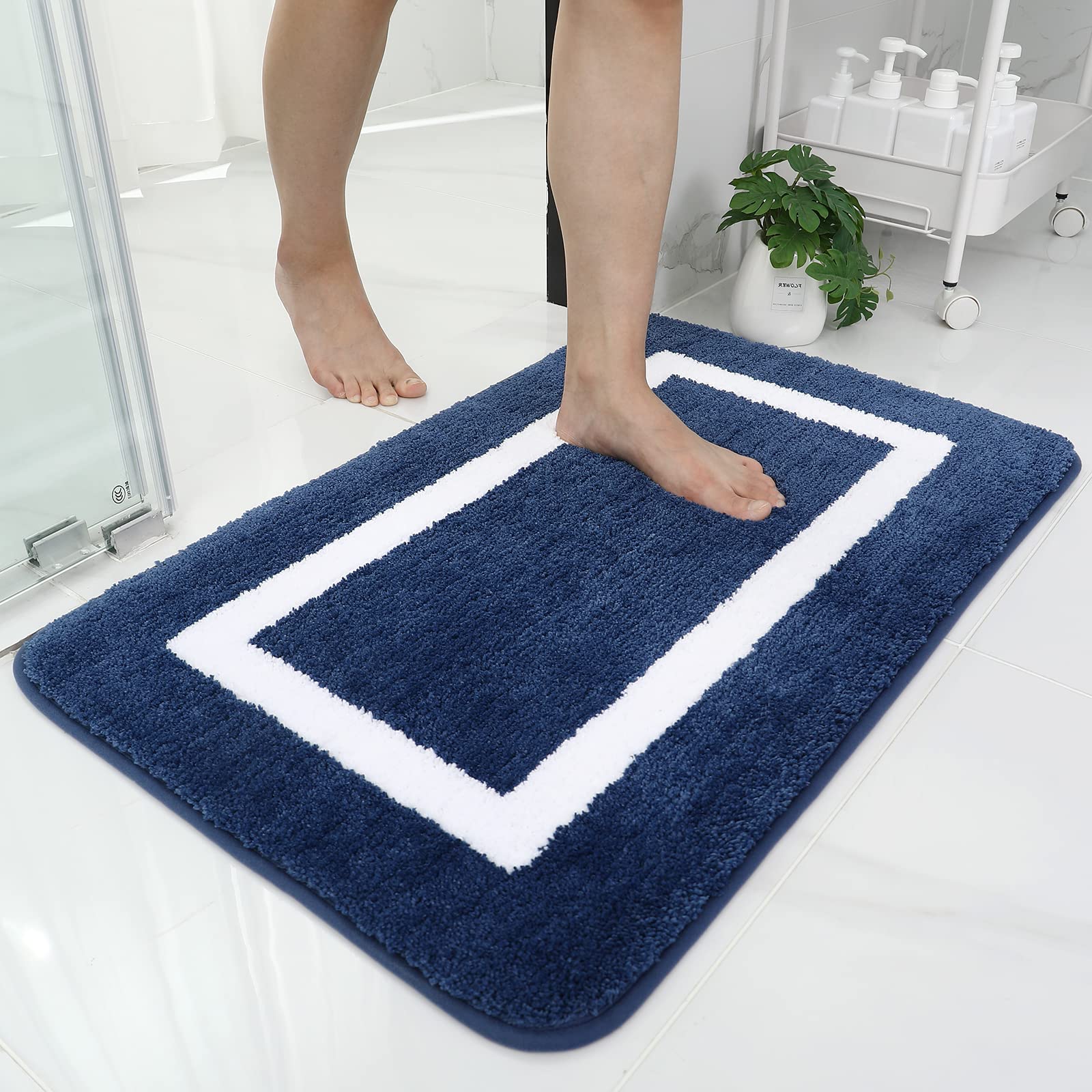 Tapis De Bain Antidérapant, Doux Et Absorbant, En Microfibre À Poils Longs, Lavable En Machine - 50 X 76 Cm - Bleu Marine