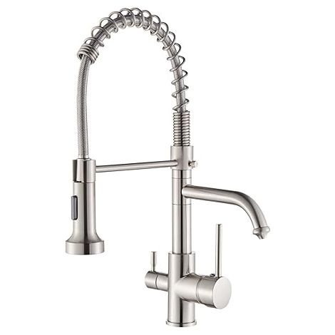 Robinet De Cuisine À 3 Voies Avec Douchette Extractible, Mitigeur D'Eau Potable En Laiton, Bec Pivotant À 360°, Finition Nickel Brossé