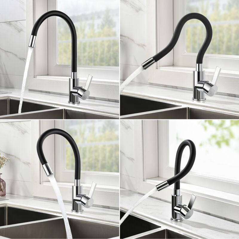Mitigeur Évier Avec Bec Flexible, Robinet De Cuisine, Cuisine Mitigeur Flexible Rotative À 360°, Eau Chaude Et Froide,chrome, Noir