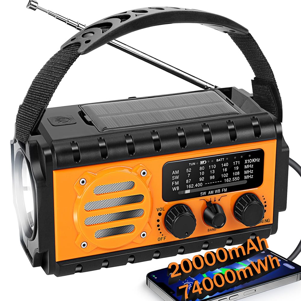 Radio Dynamo De Survie 20000mah - Radio Am/fm,power Bank,sos,lampe Torche,panneau Solaire,recharge Manivelle/usb,lampe Led Longue Durée (orange)