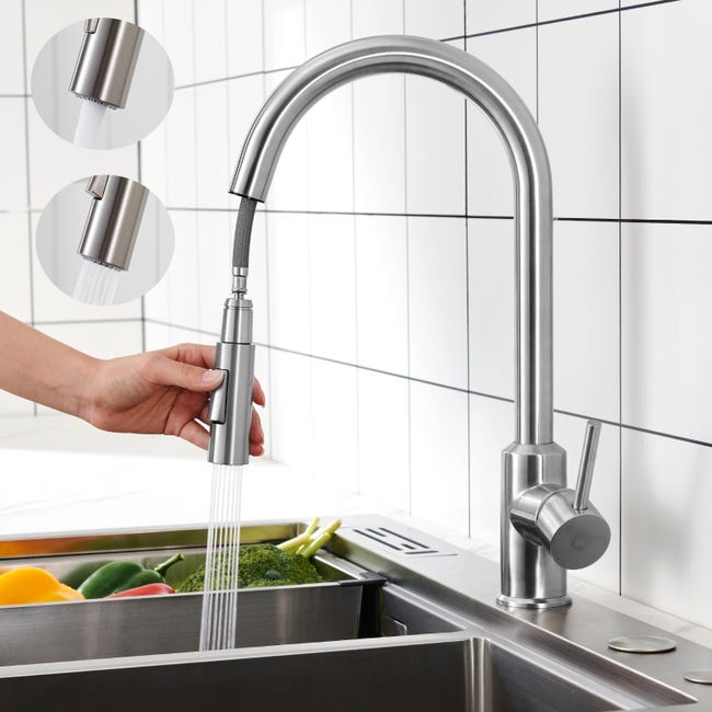 Cecipa Mitigeur De Cuisine Avec Douchette Extractible - Robinet Cuisine En Inox Rotatif À 360 ° Mitigeur D'Évier Avec 2 Modes De Sortie D'Eau - Brossé