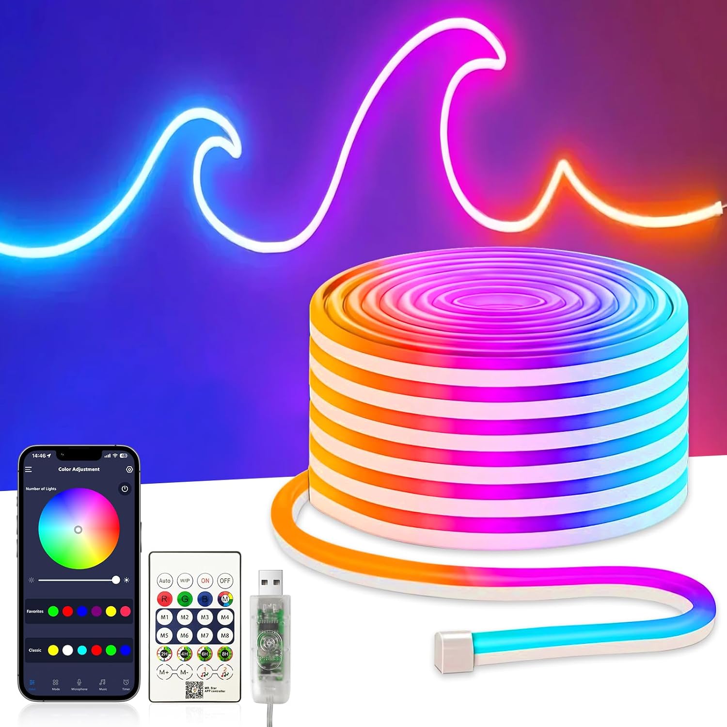 Neon Rubans Led 10m, 5v Usb Bandes Led Rgbic, Contrôle Intelligent Par App, Flexible Étanche Découpable, Synchronisation Musique,lmières Led Diy Pour Chambre, Cuisine, Fête, Salon [classe Énergétique