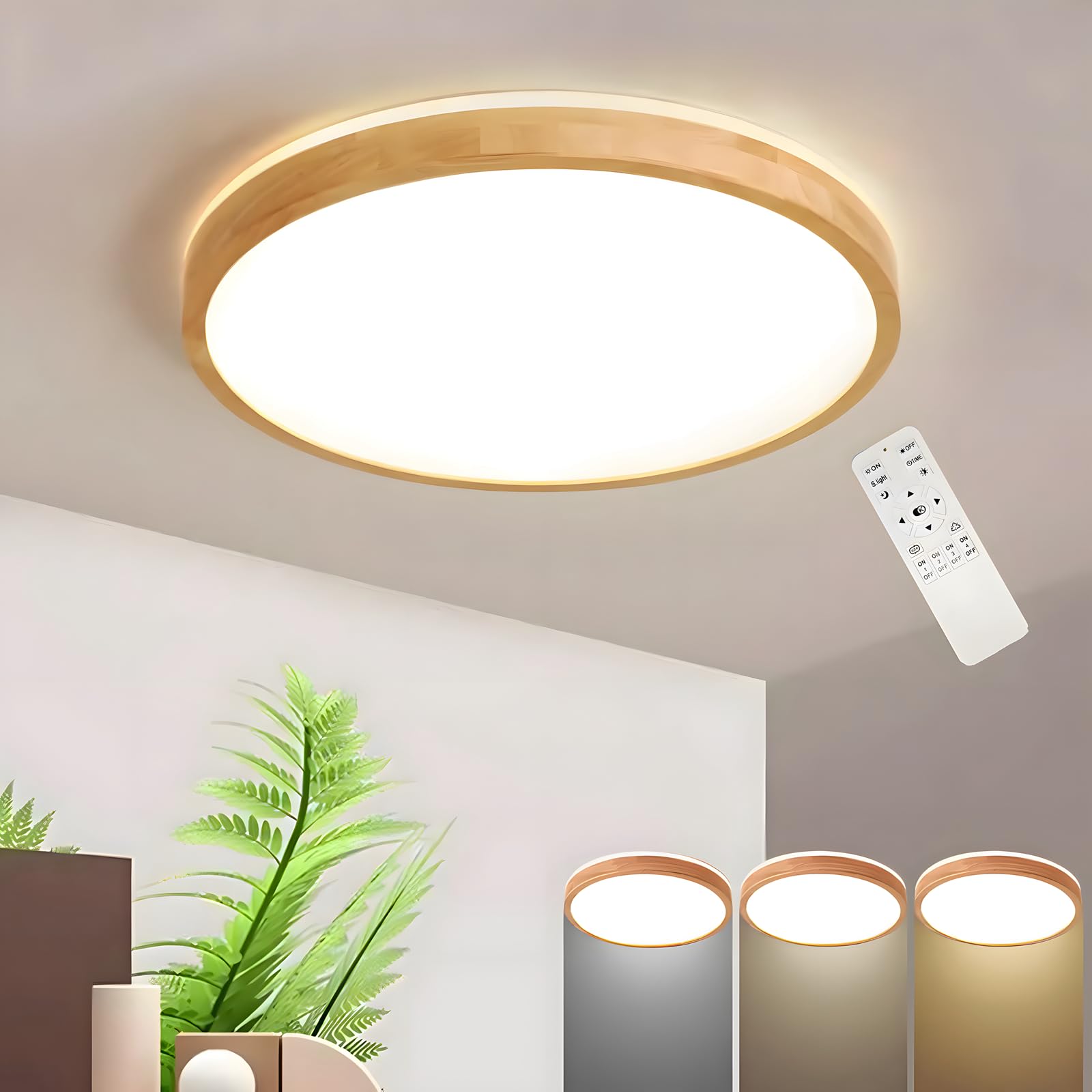 Plafonnier Led Bois Ø50cm 3000-6000k 36w Lampe En Bois Naturel À Dessus Rond Lueur À 360 °, Chambre À Coucher Salon Chambre D'Enfant Cuisine Salle (intensité Variable Avec Télécommande)