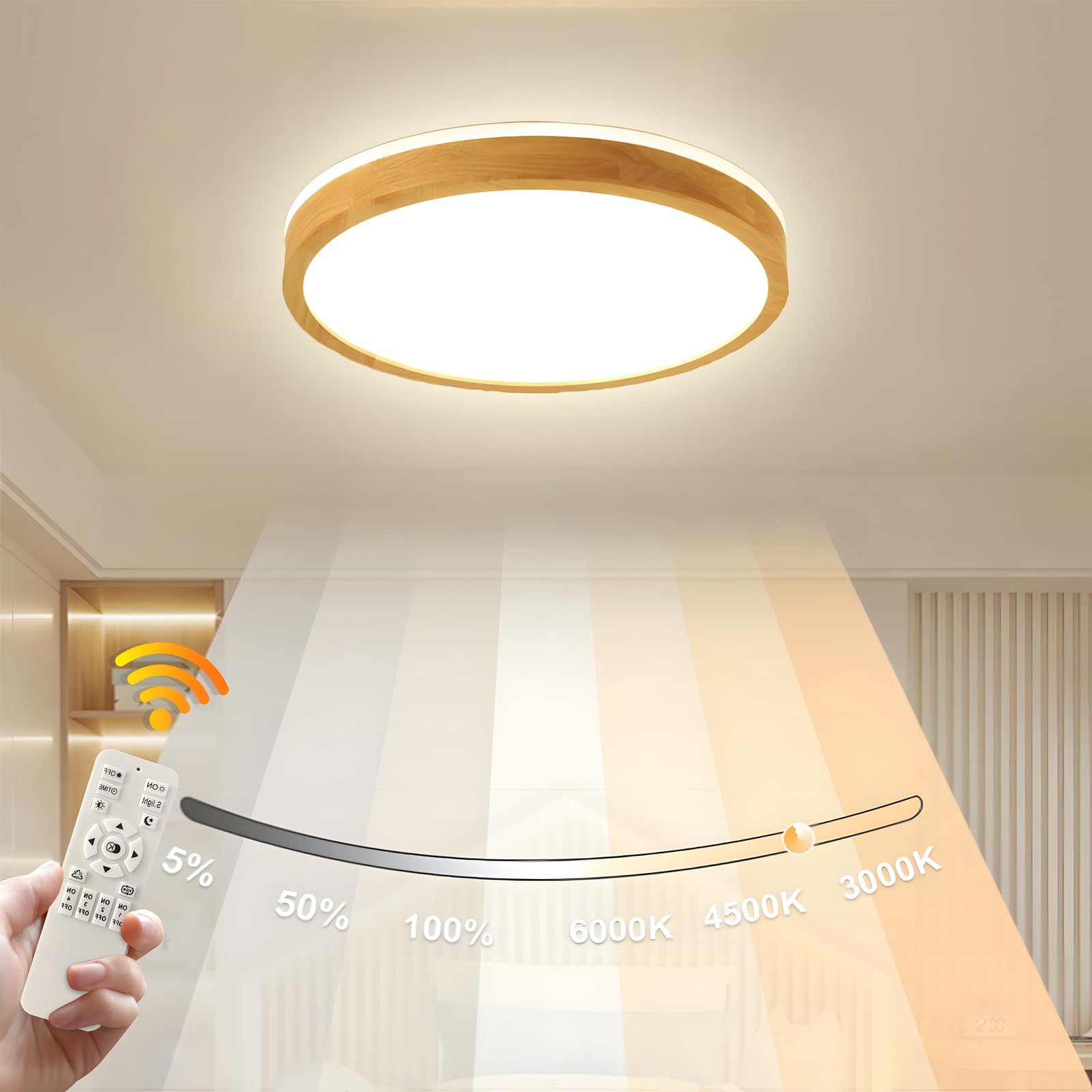 Plafonnier Led Bois Ø40cm 3000-6000k 28w Lampe En Bois Naturel À Dessus Rond Lueur À 360 °, Chambre À Coucher Salon Chambre D'Enfant Cuisine Salle (intensité Variable Avec Télécommande)
