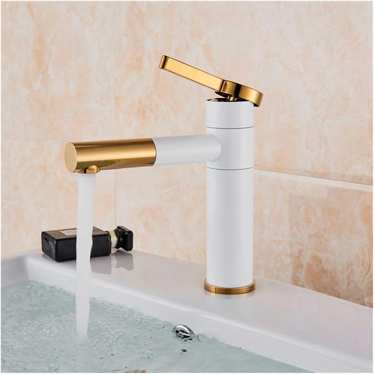 Robinet De Lavabo De Salle De Bain Cylindrique Noir Simple Et Contemporain, Mitigeur De Lavabo - Blanc-doré,20cm