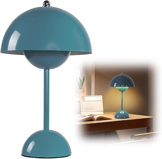 Lampe De Table Champignon Led Sans Fil, Rechargeable, 3000k-6000k, Intensité Tactile Réglable, 3 Modes, Lampe De Chevet Rétro Bleu – Classe A