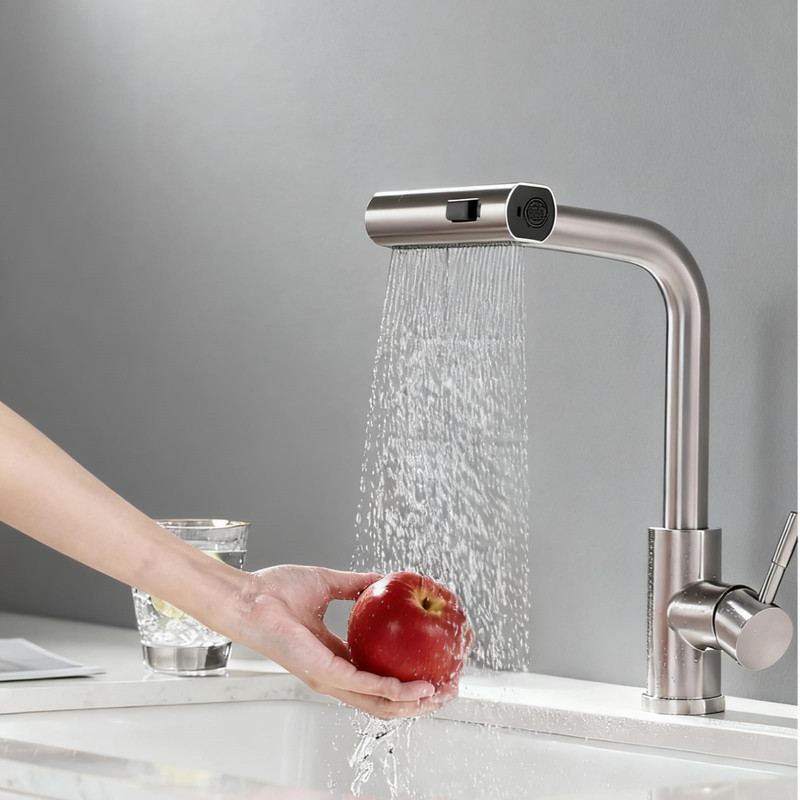 Robinet De Cuisine Avec Douchette Extractible, Mitigeur Avec Jet Cascade, Pivotant À 360° Et Rétractable, 3 Modes De Jet, Finition Acier Inoxydable Brossé