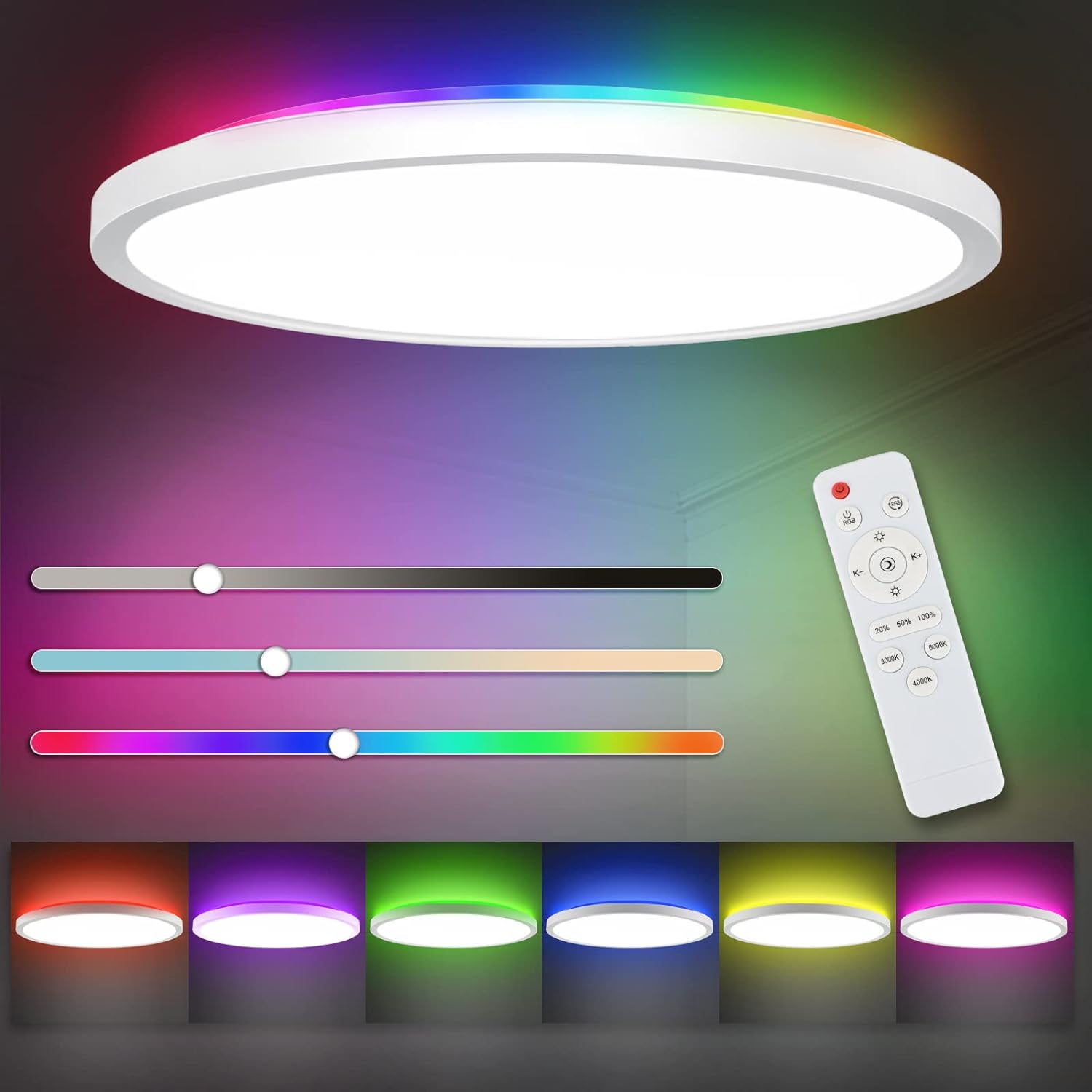Plafonnier Led Dimmable 24w, 3200lm Ip44 Luminaire Rgb Rétroéclairage Lampe Avec Télécommande 3000-6500k, Plafond Moderne Rond, Ø30cm