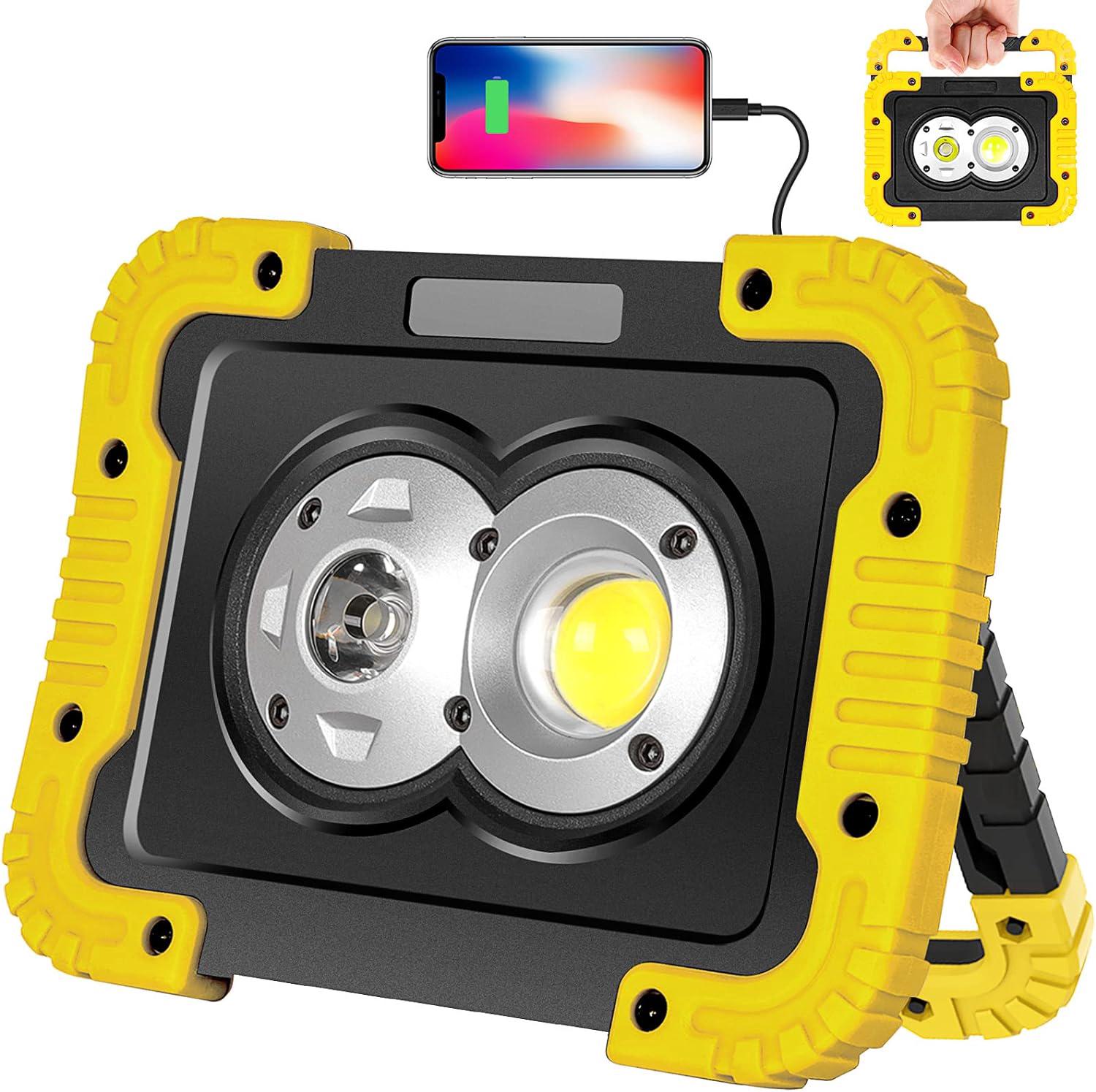 Lampe De Travail Rechargeable Led 3000 Lumens Avec Faisceau Concentré Et Large Cob, Rotation À 180°, Étanche Ip65, Idéale Pour L'Éclairage De Chantier, Le Camping, La Randonnée Et Les Réparations Auto