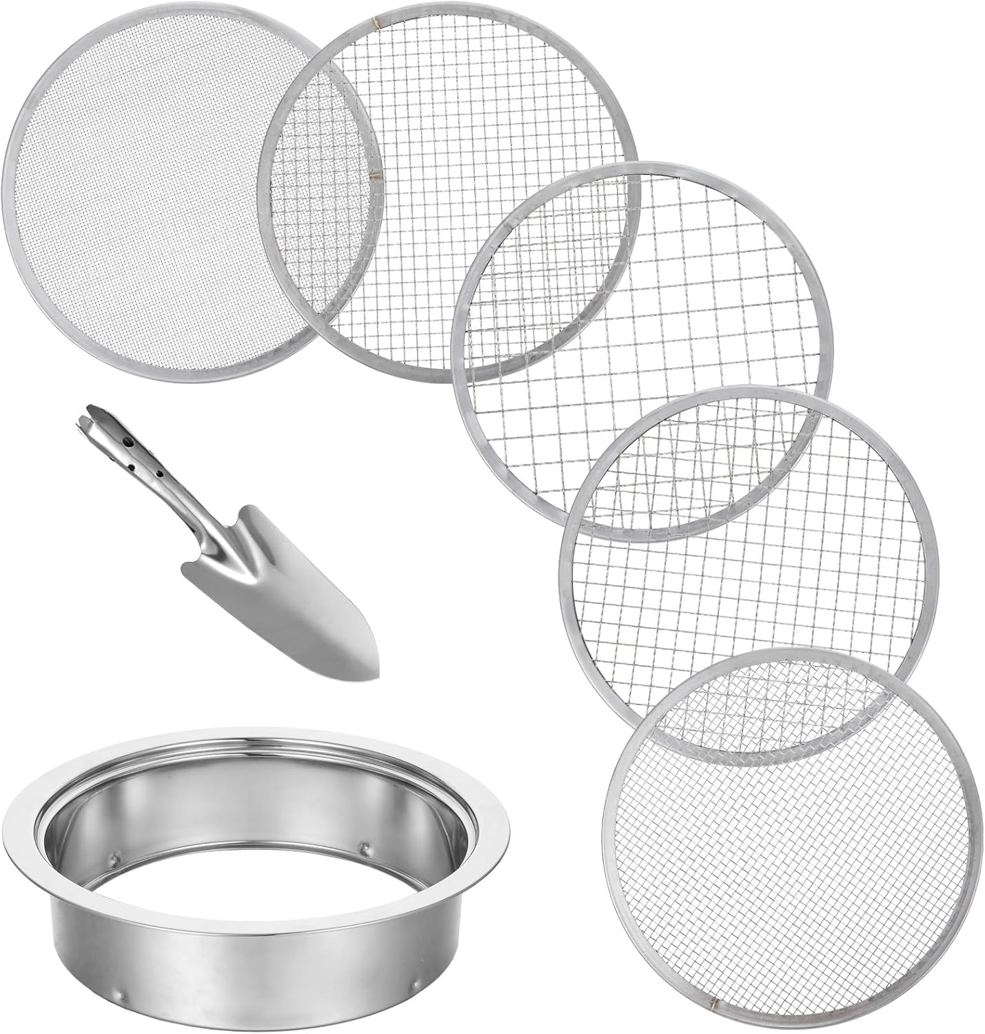 Ensemble De Tamis À Sol Avec Cinq Tailles De Tamis Interchangeables (24 Cm De Diamètre, 1/3/6/9/12 Mm) Adapté Au Jardinage, Comprend Une Pelle.