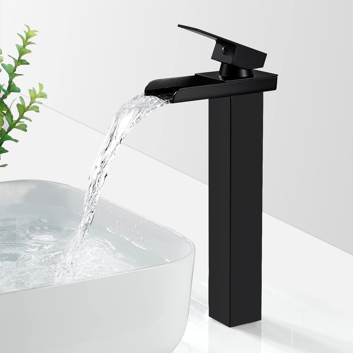 Grifo De Baño De Cascada Negra Mate, Grifo De Fregadero Con Rociador Alto, Grifo De Lavabo Cuadrado De Encimera En Latón, Agua Fría Y Caliente, G 3/8