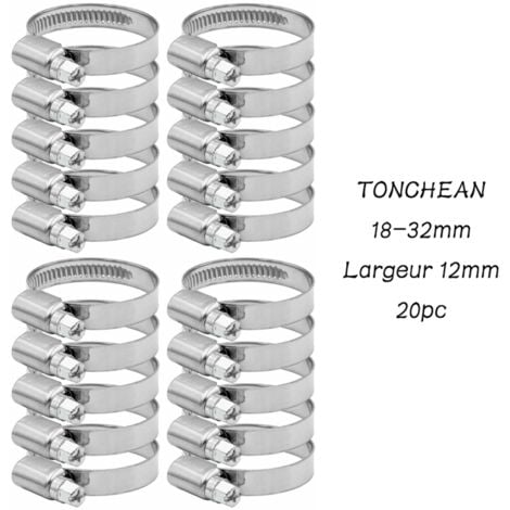 Tonchean Collier De Serrage Tuyau Réglable 18-32mm Gamme En Acier Inoxydable 304 Assortiment Tuyau Pinces Clips Pour Famille Tuyau D'Eau, Home Gaz, Tube D'Automobiles, Robinet 20 Pièces (12mm)