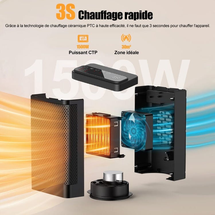 Chauffage Soufflant 1500 W, Radiateur Avec Télécommande, 3 Modes, Oscillation À 60°, Économie D'Énergie, Minuterie 12 H, Protection Contre La Surchauffe Et Le Basculement