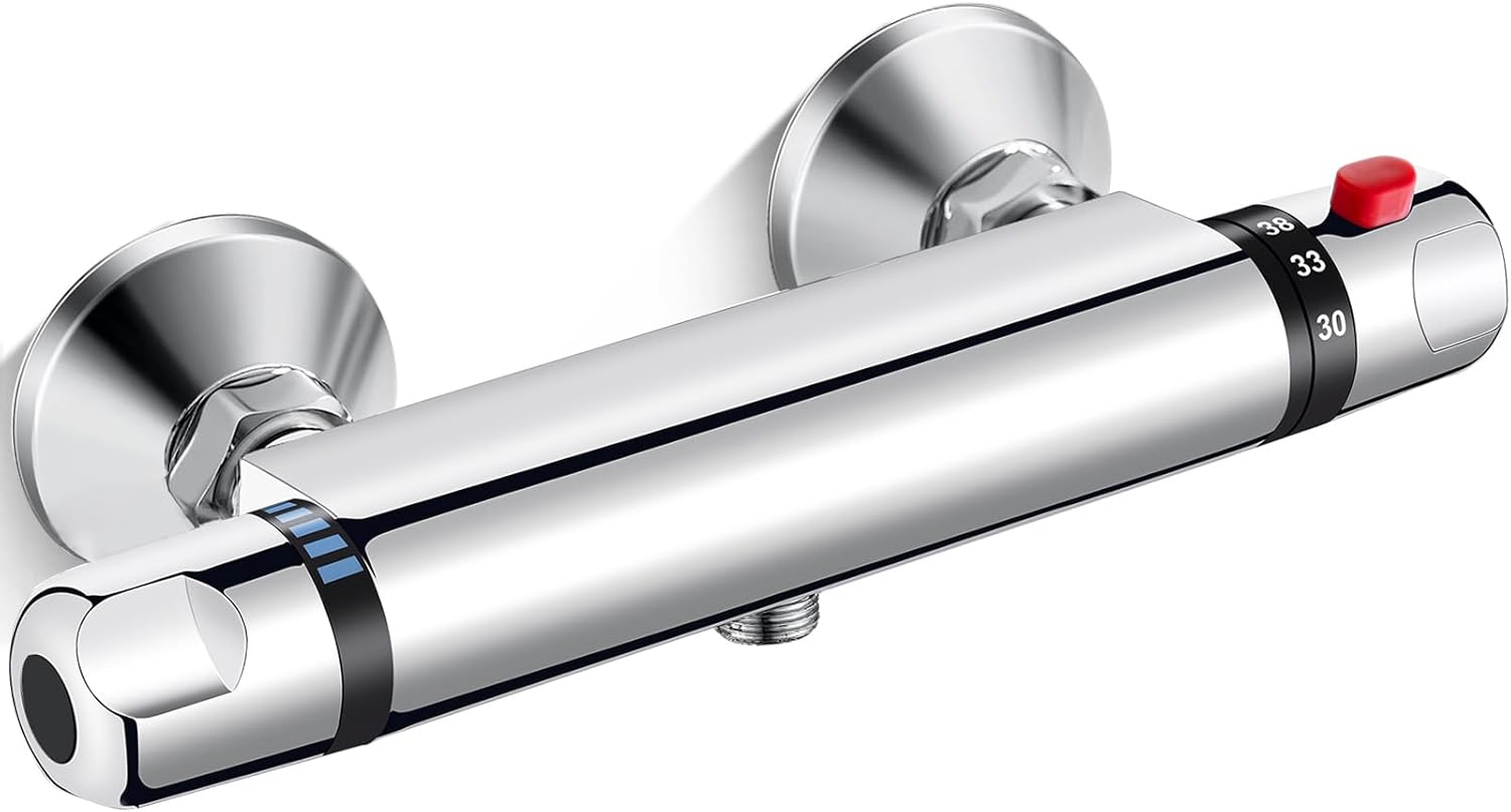 Mitigeur Thermostatique De Douche Mural Avec Bouton De Sécurité 38°c, Entraxe 150 Mm, Laiton Chromé