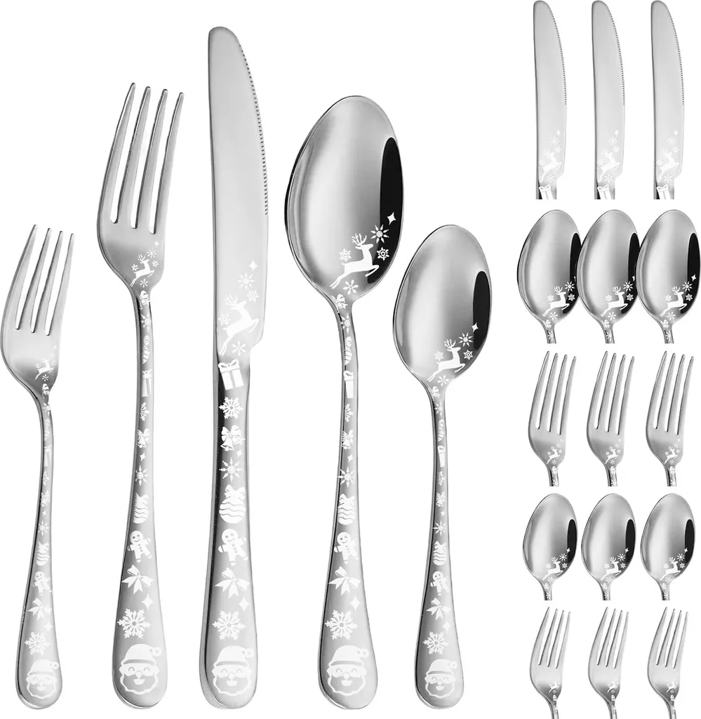 Ensemble De Couverts Sur Le Thème De Noël, 20 Pièces En Acier Inoxydable, Pour 4 Personnes, Idéal Pour La Maison Et Le Restaurant, Compatible Lave-vaisselle, Couleur Argent.