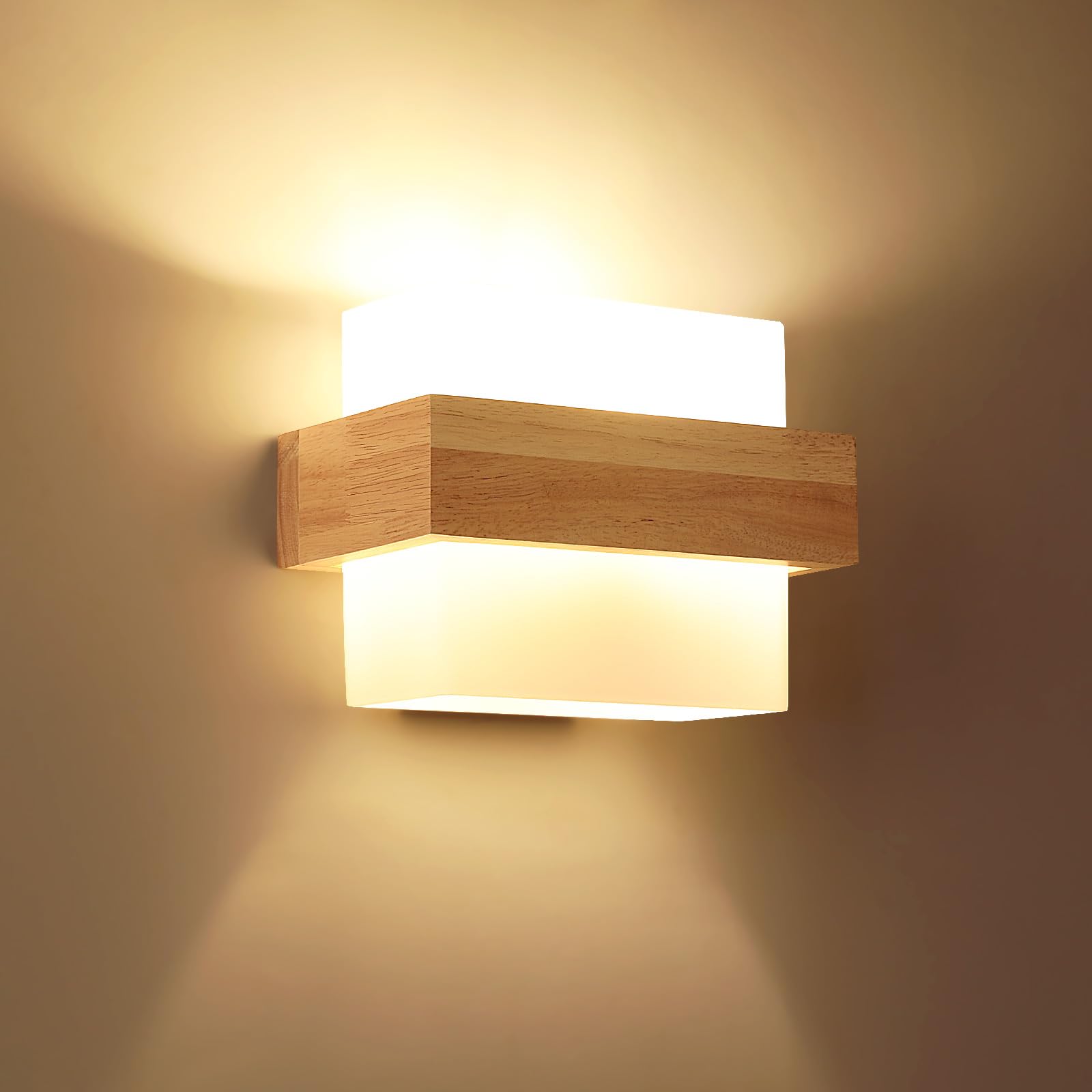 Applique Murale Intérieure Bois, Moderne E27 Lampe Murale En Verre, Elégante Luminaire Mural Décoration Intérieure Pour Chambre Salon Couloir Escalier Café