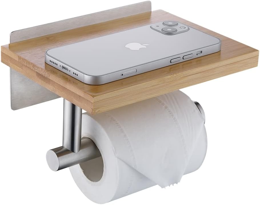 Porte-papier Toilette En Bambou Naturel, Sans Perçage, Porte-papier Toilette Pour Salle De Bain, Finition Nickel Brossé.