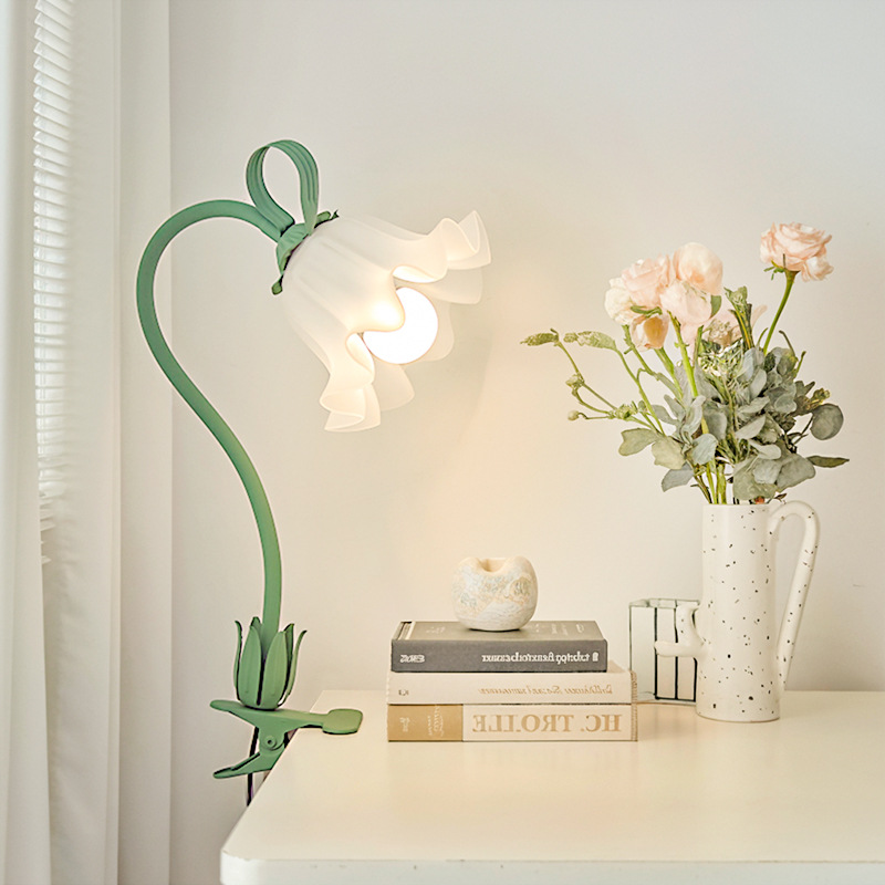 Lampe Clip Abat-jour Acrylique Fleur Lampe De Table Lampe De Chevet Usb Métal Vert Lampe De Chevet Rotative Libre Clip 3 Modes