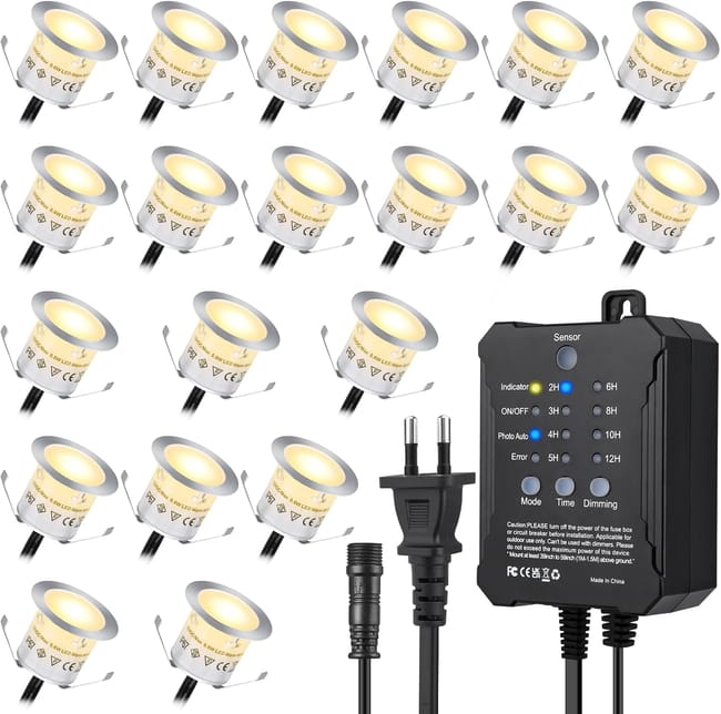Lot De 20 Spot Led Encastrable Extérieur Minuterie Et Capteur Photoélectrique, Ip67 Étanche Pour Terrasse Bois Piscine Jardin Deck