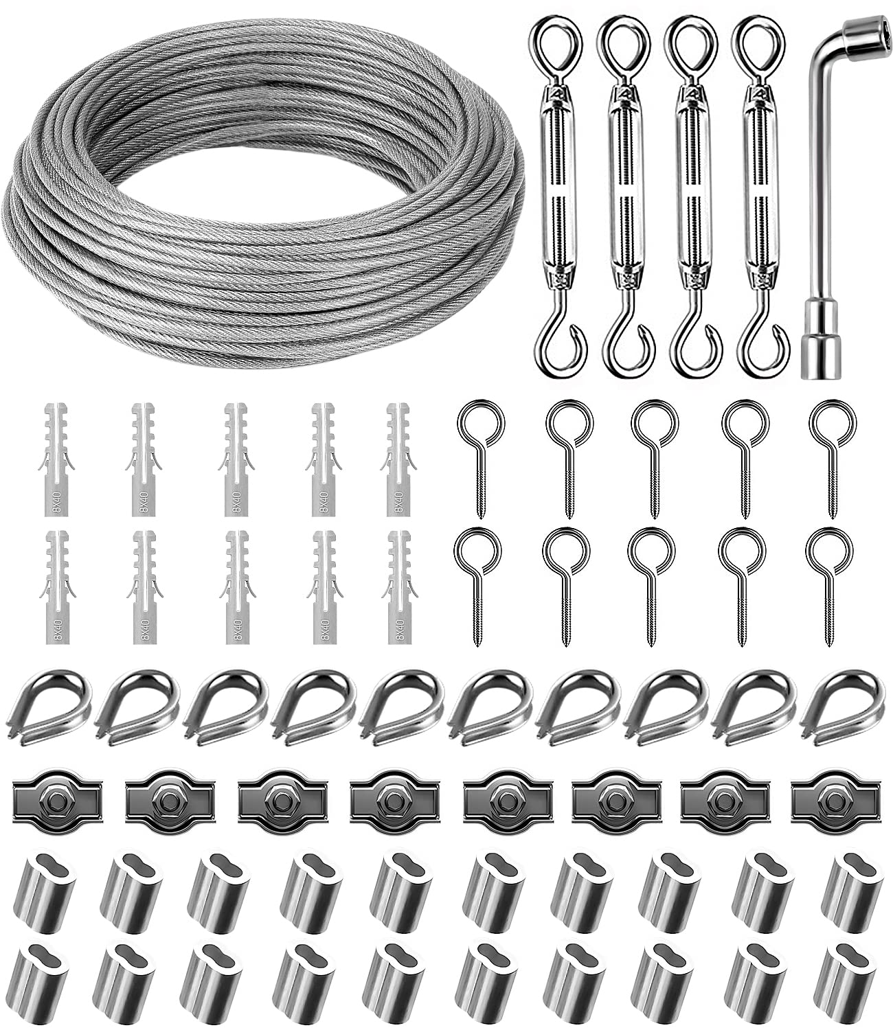 Kit De Suspension Avec Corde En Acier Inoxydable 304 De 30 M, Fil À Linge En Pvc Avec Tendeur À Crochet, Guirlande Lumineuse, Support Pour Plantes Gri