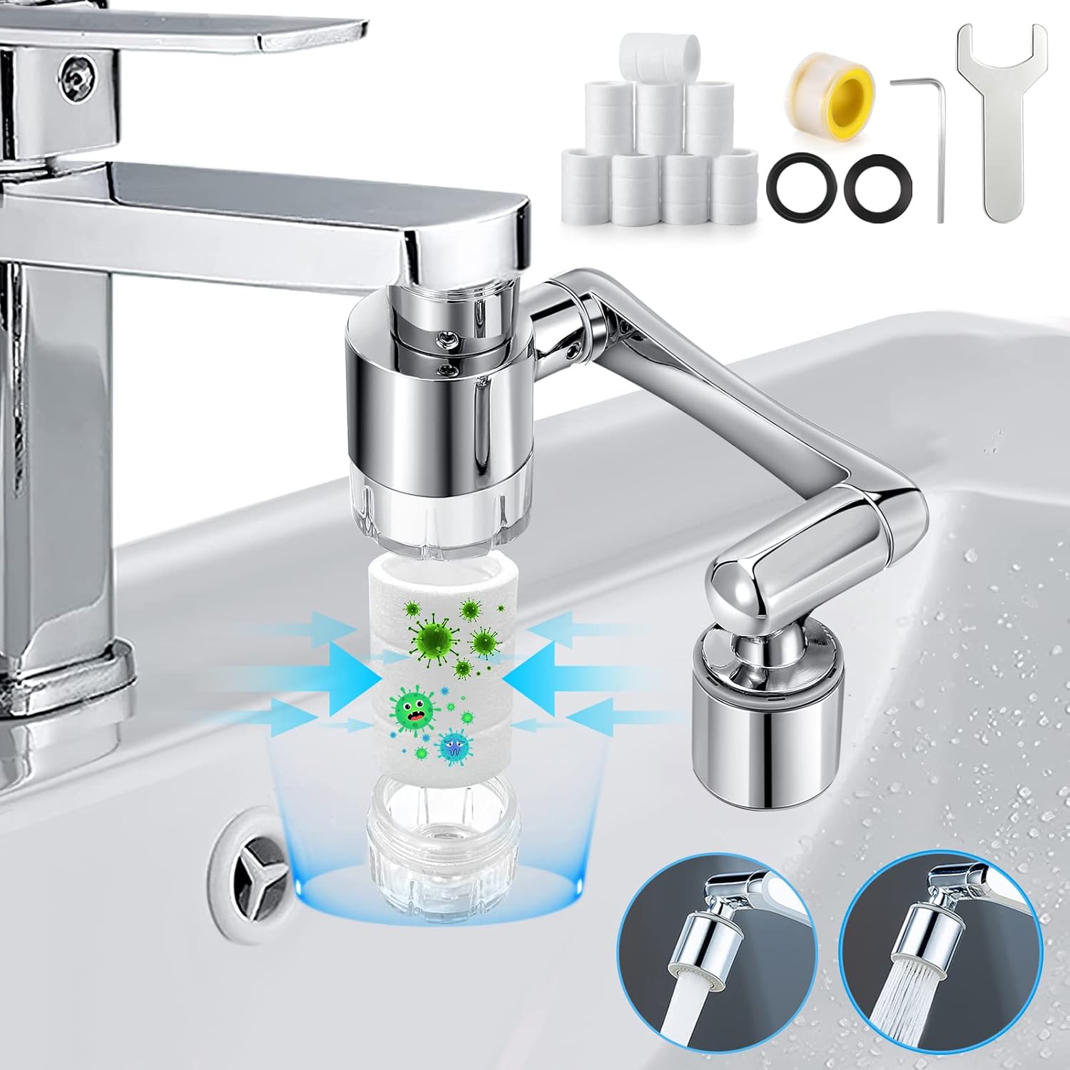 Extension Robinet, 1080° Mousseur Robinet Avec 10 Filtre, Robinet À Rallonge Rotatif Multifonctionnel Avec 2 Modes De Débit D'Eau, Universels Aérateur