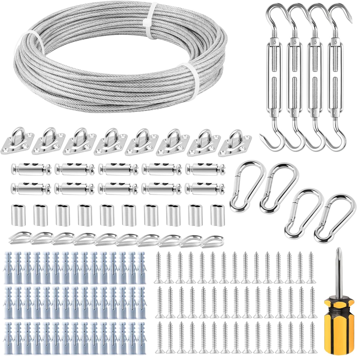 Kit De Fixation Pour Voile D'Ombrage Avec Cable Acier 20 M, Kit D'Installation De Pare-soleil En Acier Inoxydable 304, Auvent De Fixation Pour Triangulaire Et Carré, Hamac, Jardin, Terrasse