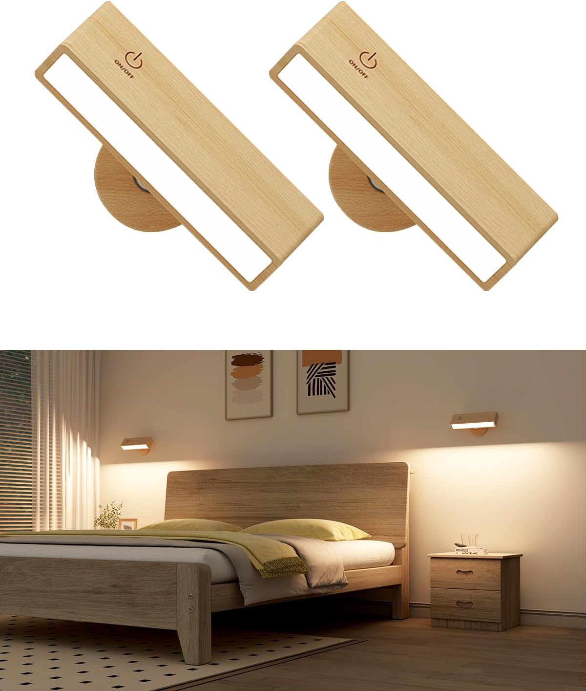 Lot De 2 Applique Murale Intérieure Bois,lampe Murale Sans Fil Rechargeable Usb,réglage De La Luminosité Applique Murale Sans Fil Chambre,lampe De Chevet Murale Tactile,lampe Sans Fil