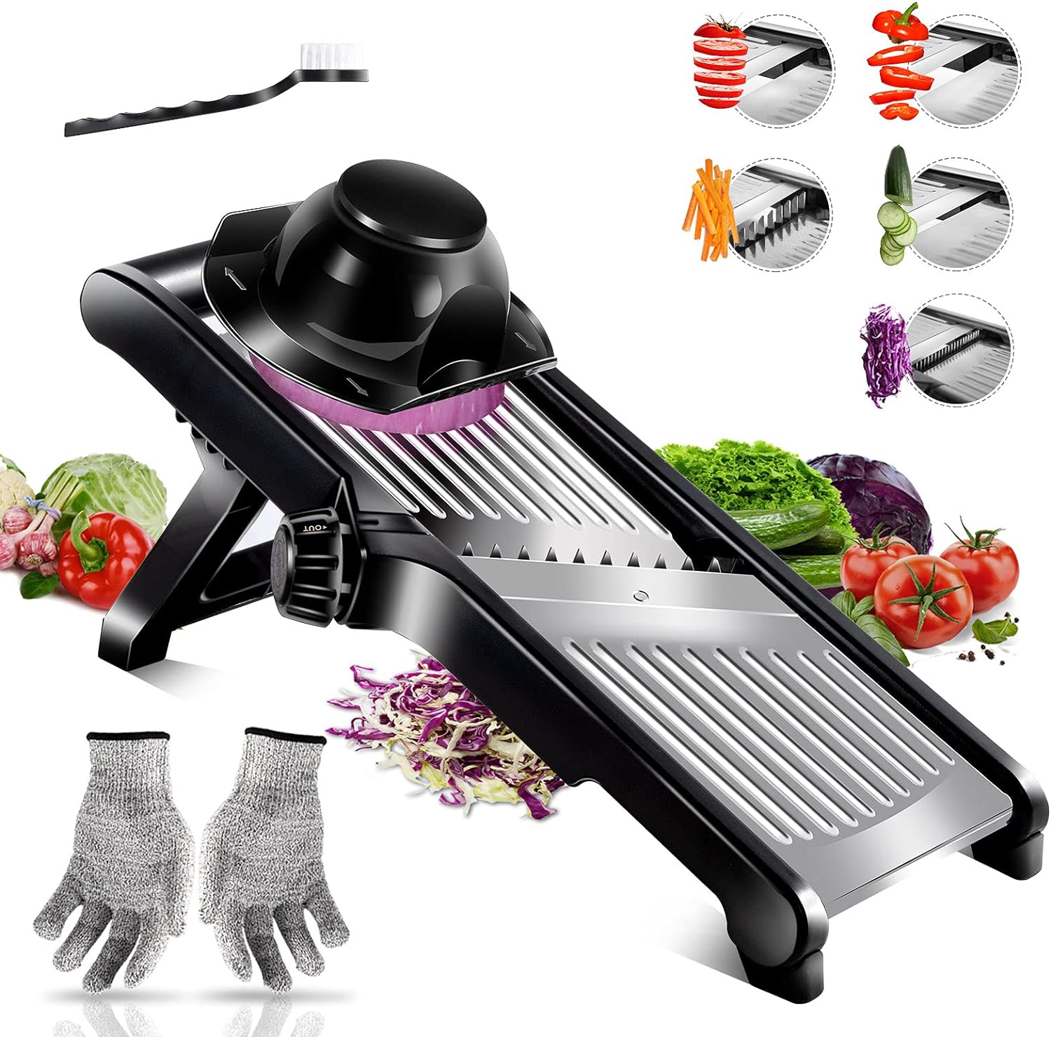 Mandoline De Cuisine Multifonctions, Mandolines En Inox, Mandolin Professionnelle, Epaisseur De Tranche Réglable - Brosse De Nettoyage Et Gants Résistants Aux Coupures