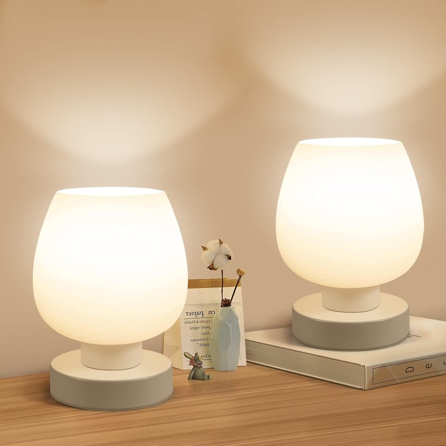 Ensemble De 2 Petites Lampes De Table Modernes : Abat-jour En Verre Blanc, Ampoule Led Blanc Chaud, Interrupteur À 3 Niveaux, Tactile