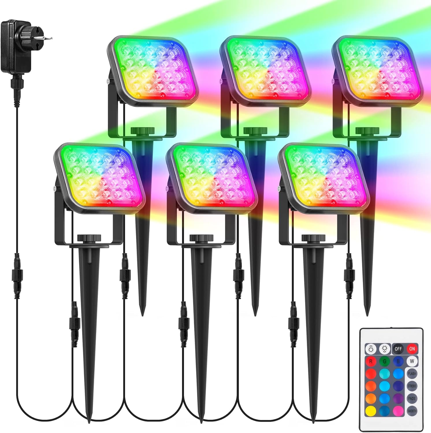 Spot Extérieur Led, 12v Projecteur Led Rgb Avec Piquet De Terre 16 Couleurs Et 4 Modes Projecteur Led Couleur Avec Télécommande, Ip65 Étanche Lampe Pour Jardin, Garage, Chemin [classe Énergétique A+]