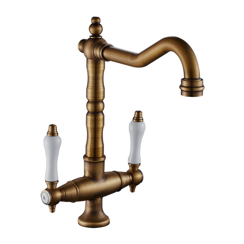 [promotions En Stock] Robinet Cuisine Antique, Mitigeur Lavabo 2 Poignées, Rotation 360°, Haute Pression, Laiton, Bec Haut