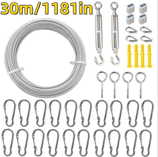 30m Corde En Acier Inoxydable À Suspendre Kit,pour Corde À Linge, Suspension Lumineuse, Plante Grimpante, Rambarde