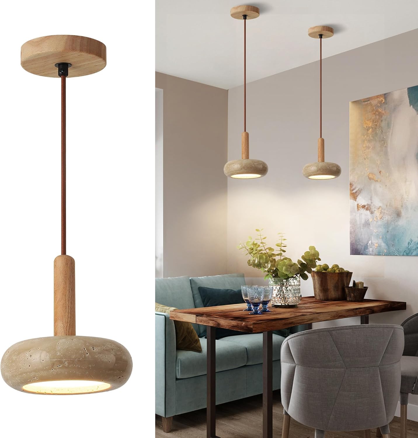 Lustre De Style Wabi-sabi Japonais, Travertin Jaune, Bois Led, Hauteur Réglable, Convient Aux Chambres, Longueur De Tige De 15 Cm.