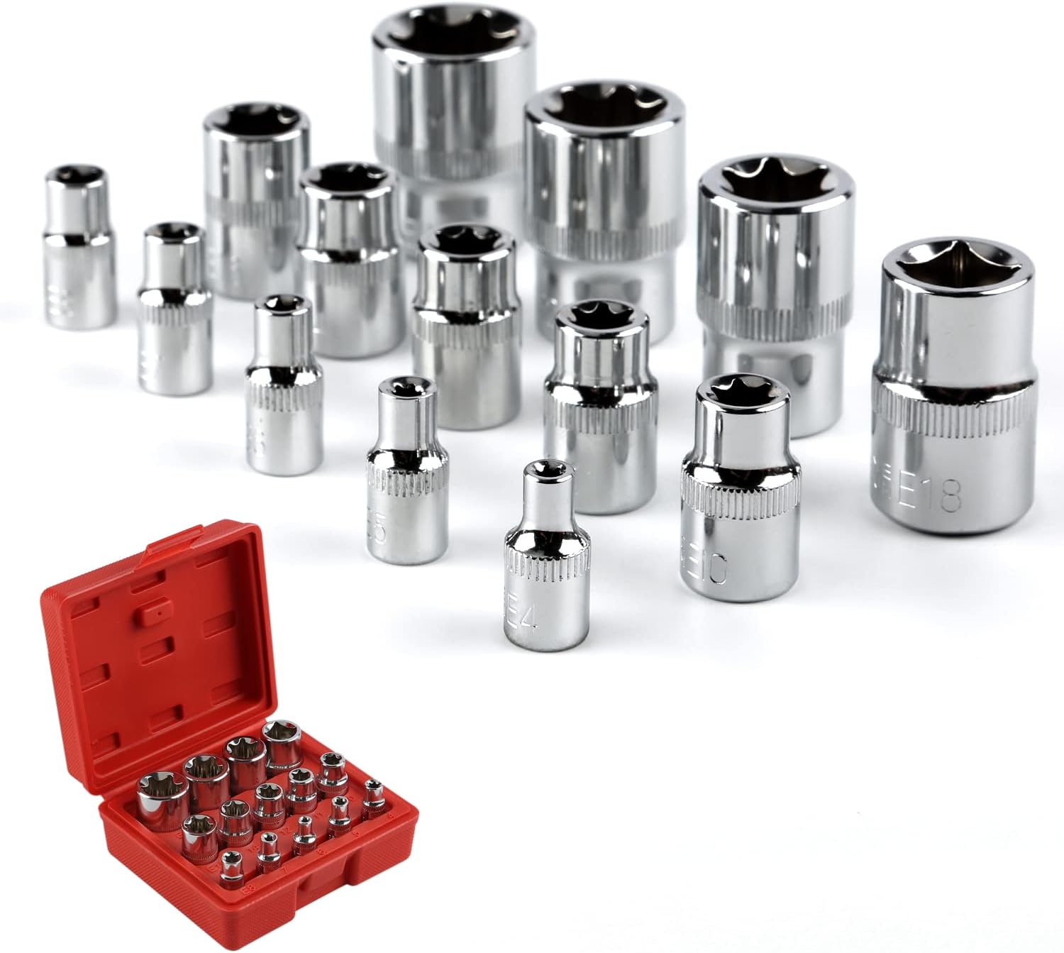 Minkurow Plaquettes D'Étoile, 14 Plaquettes D'Étoile E-torx Hembra Soonan Jeu De Plaquettes Torx En Forme D'Étoile D'Acier Cr-v, 3 Spécifications 1/4", 3/8", 1/2", Avec Boîte Pratique
