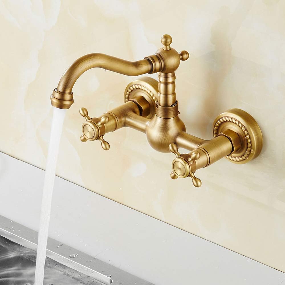 Antique Copper Faucet Kitchen Mixer Classic Kitchen Brass Wall Mounted Faucet Double Lever Hot And Cold Swivel Bathtub Faucet