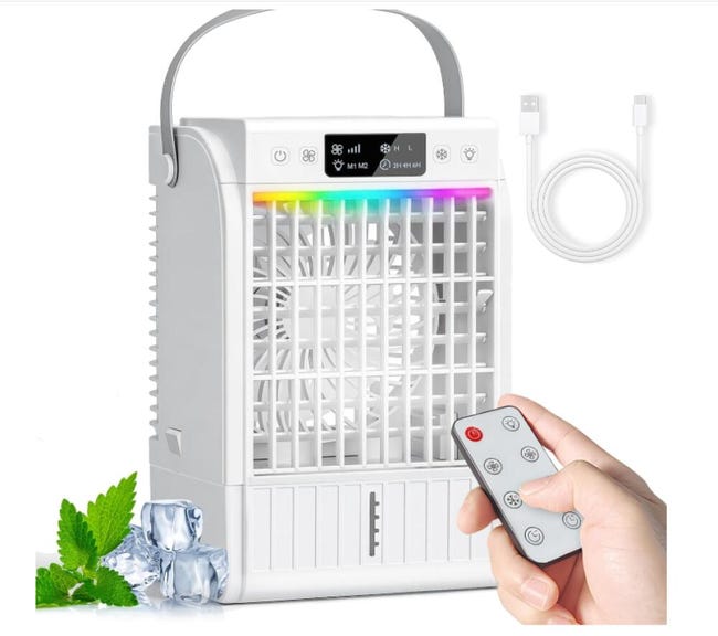 Mini Climatiseur Portable 4 En 1, Petite Clim Avec Télécommande, 4 Vitesses, 2 Modes De Brume, 1500 Ml, Minuterie 1/2/3 H, 7 Led Couleur, Usb, Ventila