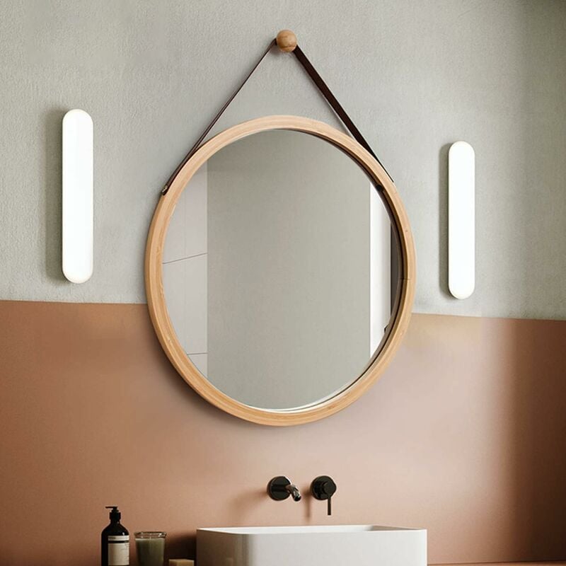 Miroir Salle De Bain Mural Rond 45cm Miroir Décoration Avec Cadre En Bois Avec Crochet, Chambre Ou Dressing