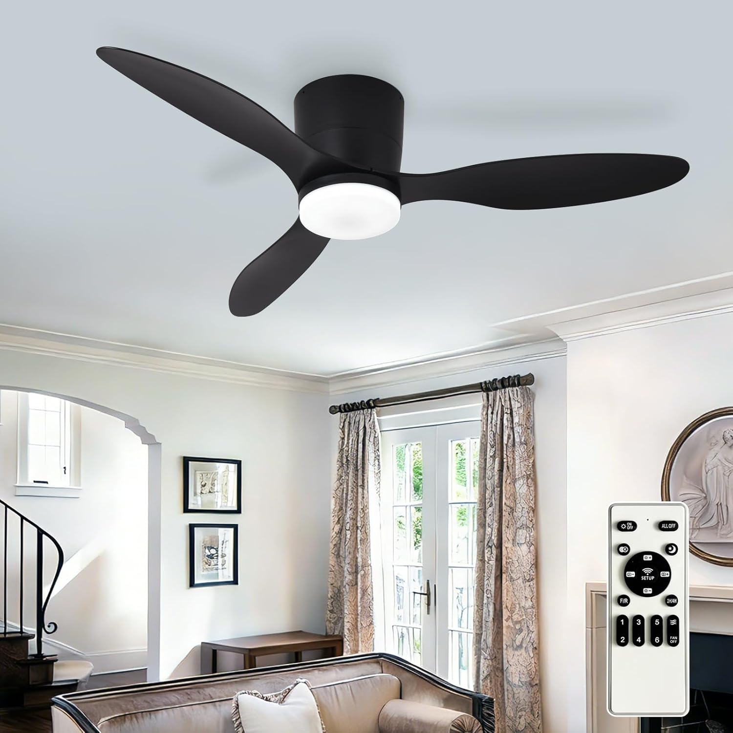 Ventilateurs De Plafond De 42 Pouces Avec Éclairage Pour Chambre À Coucher, Ventilateur À Profil Bas Avec Télécommande Et Pales Noir Réversibles