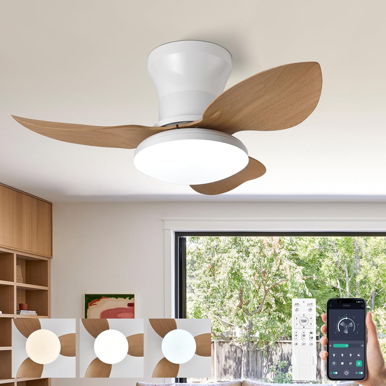 Ventilateur De Plafond Silencieux Avec Lumiere Et Telecommande, Lustre Avec Ventilateur 3 Pales, Dimmable, Dc Motor, 6 Vitesses, Chêne, 65cm