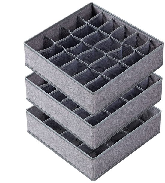 3-stuks Stoffen Opbergdoos - Opvouwbare Opbergdoos Voor Thuis - Lade-organizer Voor Ondergoed - Opbergdoos Voor Sokken - 24 Vakken - Geschikt Voor Het Opbergen Van Sokken, Ondergoed, Stropdassen - Gri