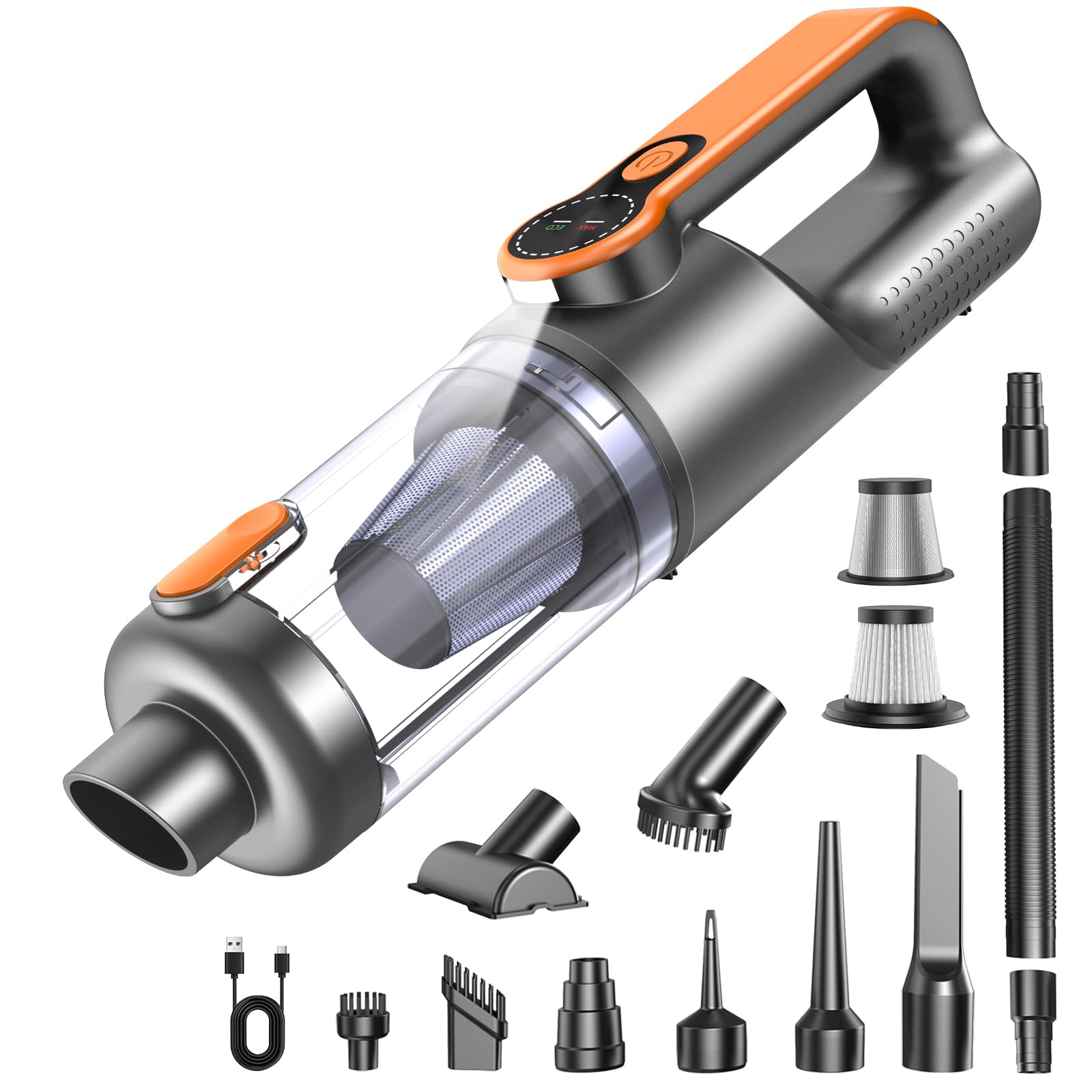 Aspirateur À Main, 17000pa 4-in-1 Aspirateur Sans Fil Puissant, Dépoussiérage Par One Pression, Moteur Sans Balais, Écran Hd Et Lumière Led, Mini Aspirateur Voiture Pour Maison/bureau/voiture, Orange