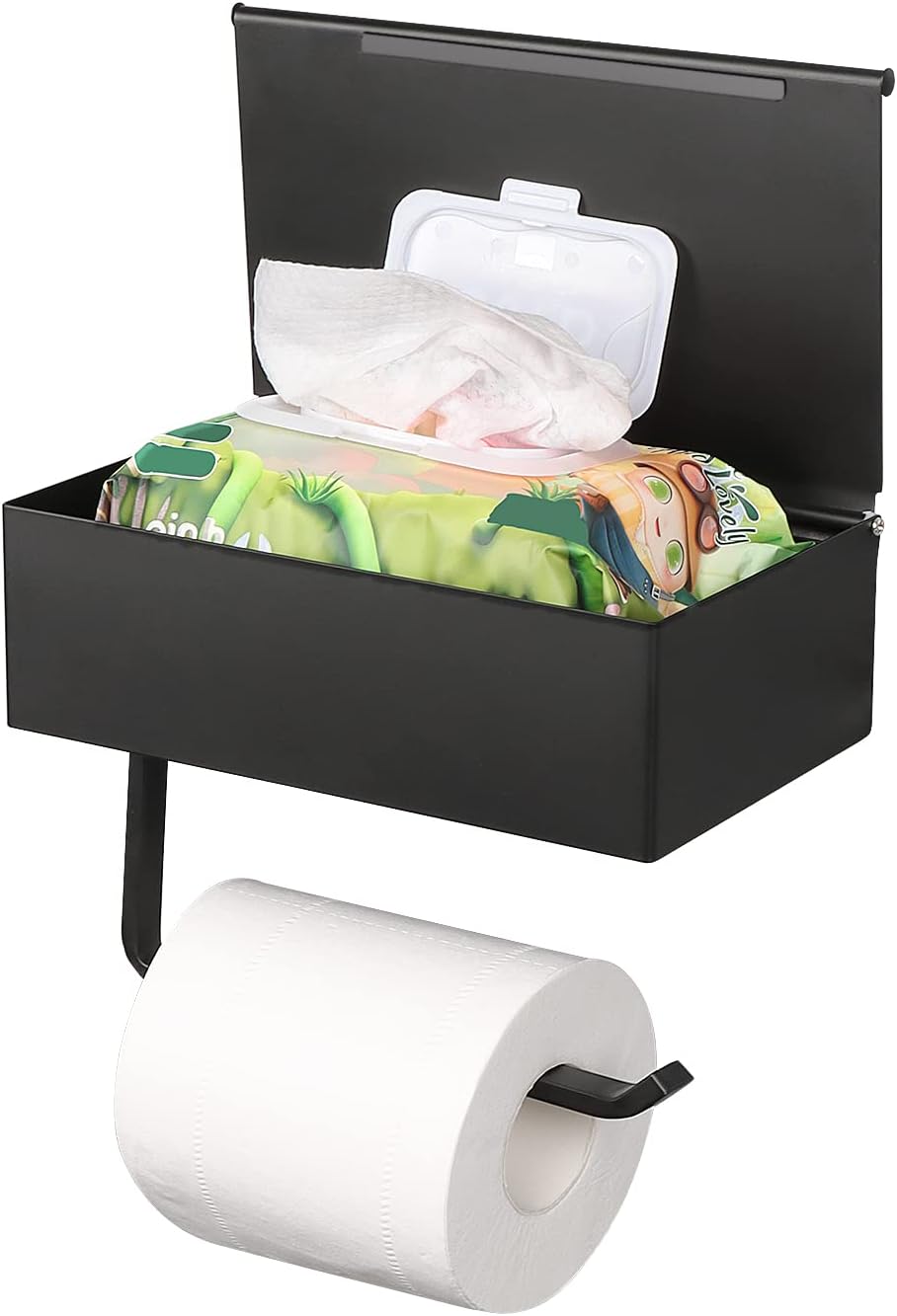 Toilet Paper Holder With Shelf, Bathroom Storage Toilet Roll Holder With Hidden Flushable Wipes Box, Heavy Duty Stainless Steel Wall Mounted Tissue Hanger, Black