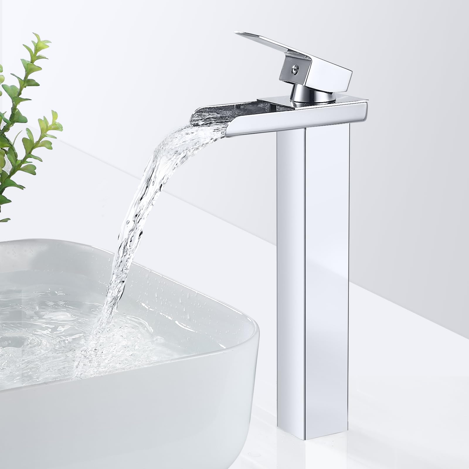 Robinet Salle De Bain Haut, Mitigeur Lavabo Salle De Bain Pour Vasque, Robinet Cascade Lavabo En Laiton, Mitigeur Avec Raccordement Eau Froide/chaud, Chromé, Argent